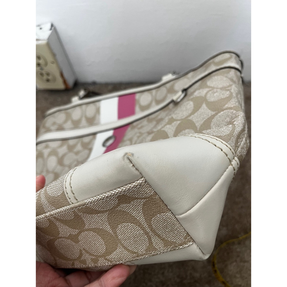 Coach Chelsea Leather Signature Heritage Logo Stripe Pink Beige Tote Bag - Picture 15 of 16